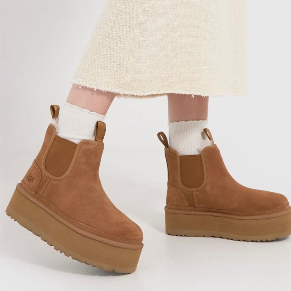🔴SOLD Ugg Neumel Platform Chelsea Boots Chestnut Suede Shearling Sheepskin - Picture 2 of 15